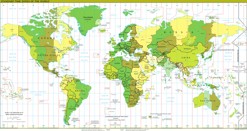 Standard Timezones of the world. Timezones are, in general, divided by longitudinal lines.