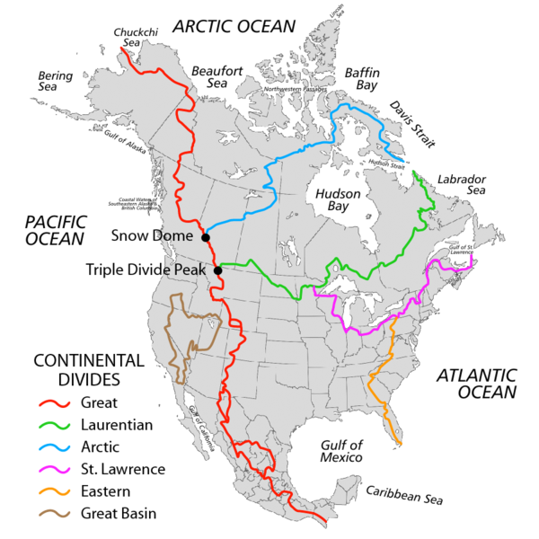 A map of the six continental water divides in North America: The Great divide, the Laurentian divide, the Arctic divide, the St. Lawrence divide, the Eastern divide, and the Great Basin divide.