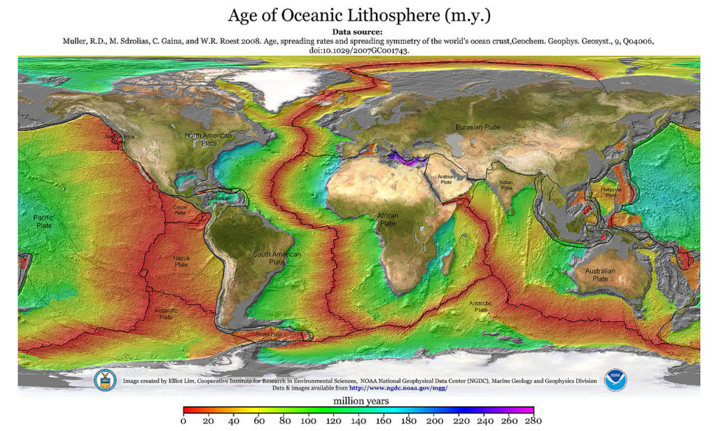 Colors indicate age of oceanic lithosphere, lines represent tectonic plates, world map. The lithosphere is youngest near the tectonic plate boundaries.