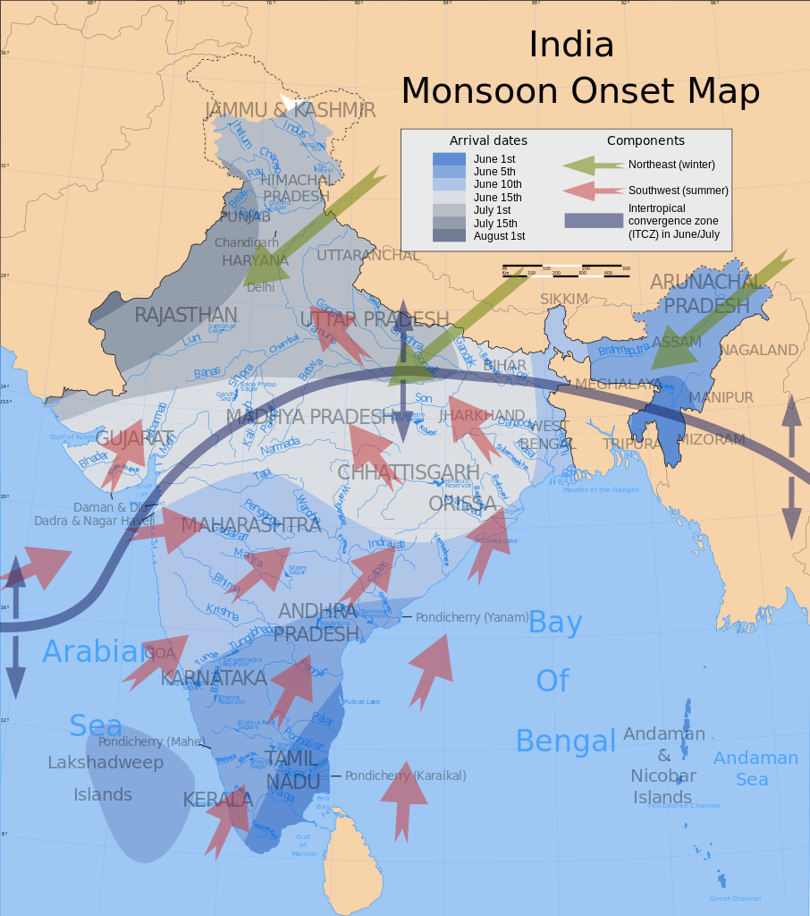 Map showing average onset (monsoon arrival) dates and wind directions prevalent during India's southwest summer monsoon.