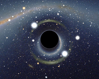 Simulated view of a black hole in front of the Large Magellanic Cloud. The ratio between the black hole Schwarzschild radius and the observer distance to it is 1:9. Of note is the gravitational lensing effect known as an Einstein ring, which produces a set of two fairly bright and large but highly distorted images of the Cloud as compared to its actual angular size.