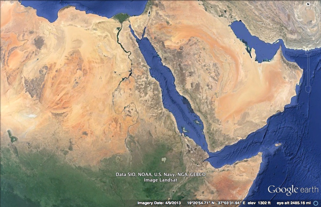 Satellite view of northeast Africa (Egypt, Sudan, and Eritrea) and Saudi Arabia. The Red Sea is an elongated body of water between the two continents