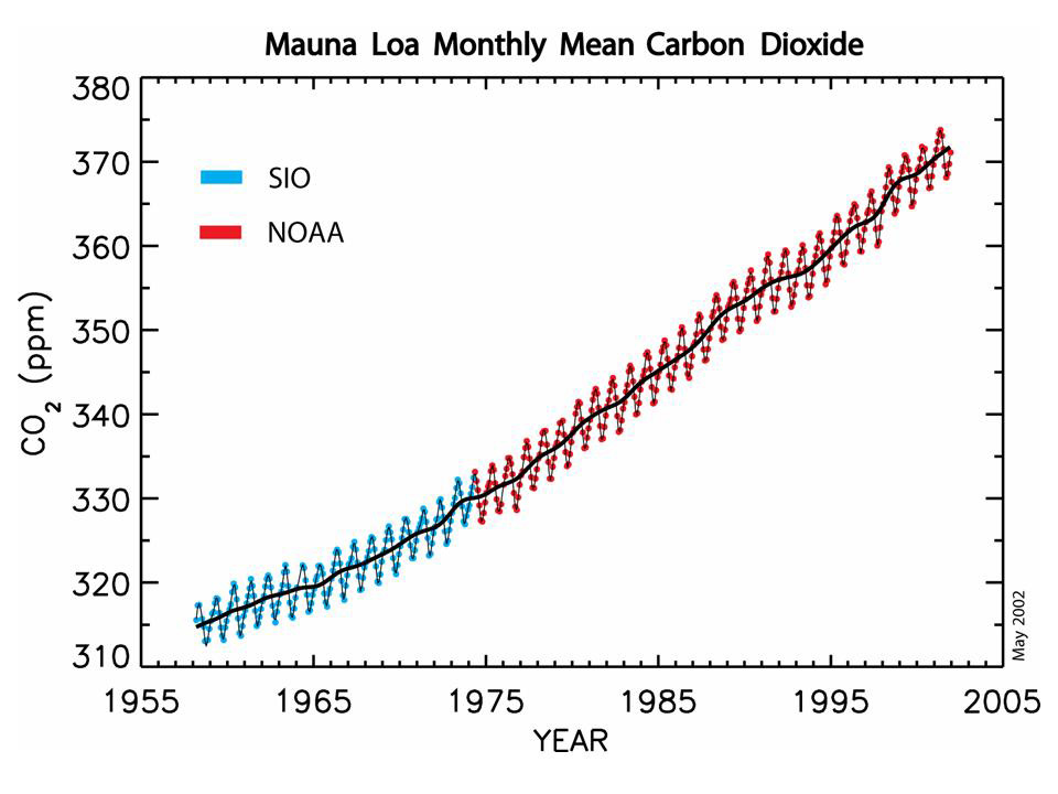 Carbon dioxide has been steadily rising since 1995, with yearly cycling.