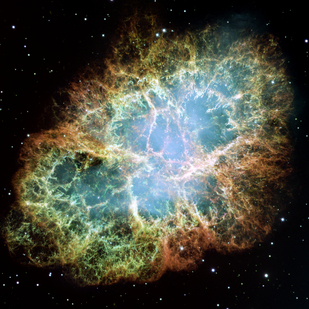 This is a mosaic image, one of the largest ever taken by NASA's Hubble Space Telescope of the Crab Nebula, a six-light-year-wide expanding remnant of a star's supernova explosion.