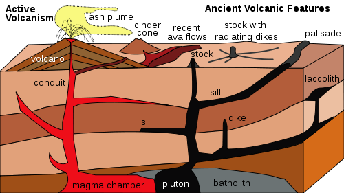 A schematic geological cross-section of a sequence of sedimentary rocks that are later intruded by igneous rocks accompanied by volcanic activity.