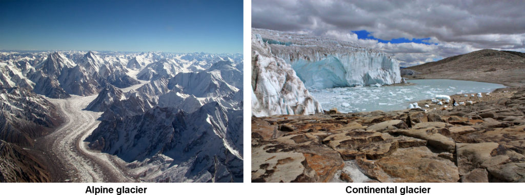 A two part image. Part one: Aerial View of the Baltoro Glacier towards Concordia with Gasherbrum IV and Gasherbrum I on the left, Baltoro Kangri and Chogolisa on the upper right ; Mitre Peak is right in the center (where the glacier turns left while flowing down). Part two: Quelccaya Glacier located in southern Peru in the Cordillera Vilcanota.