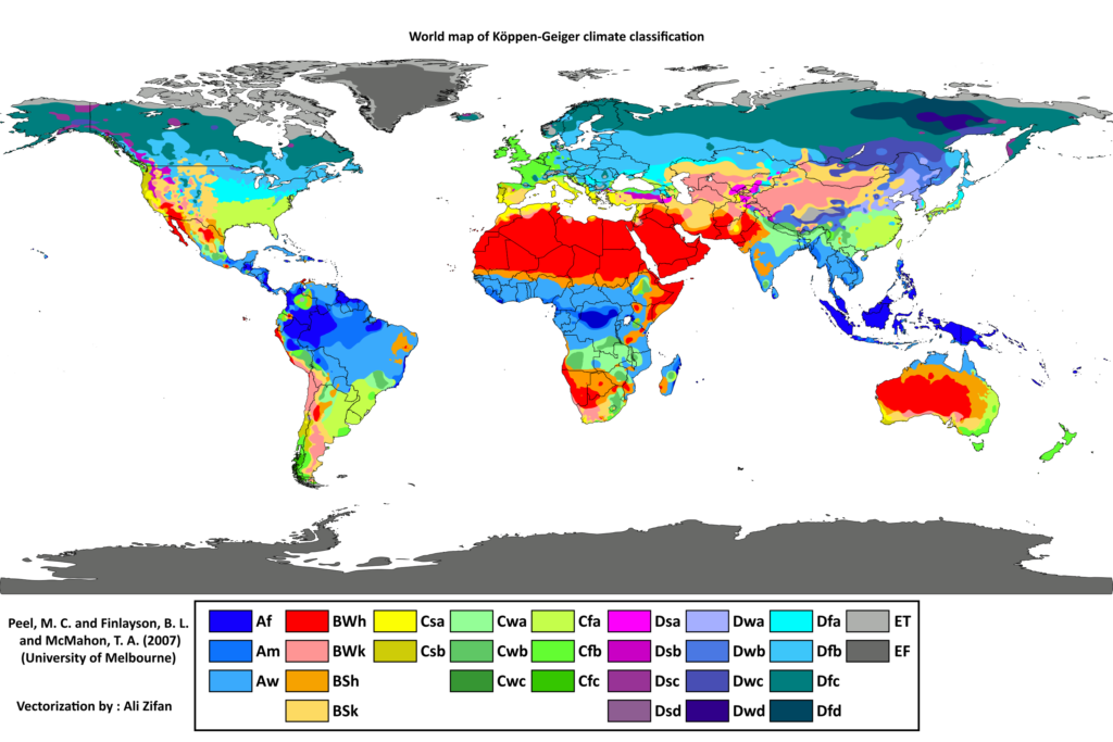 World map of Koppen-Geiger climate classification. There are five broad categories: A-Tropical, B-Arid, C-Temperate, D-Cold, E-Polar. Each of these is broken down into smaller subcategories: Af, Am, Aw. BWh, BWk, BSh, BSk. Csa, Csb, Cwa, Cwb, Cwc, Cfa, Cfb, Cfc. Dsa,Dsb, Dsc, Dsd, Dwa, Dwb, Dwc, Dwd, Dfa, Dfb, Dfc, Dfd. ET, EF. The climates are largely striated: Tropical and Arid climates exist near the equator. Temperate and cold climates exist between the equator and the poles. Polar climates exist at the poles. There are a few notable exceptions, such as the arid climates in Australia and South Africa.