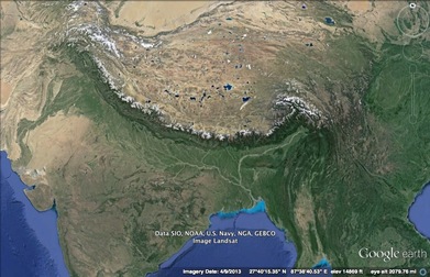 A satellite view of the Himalayan Mountains.