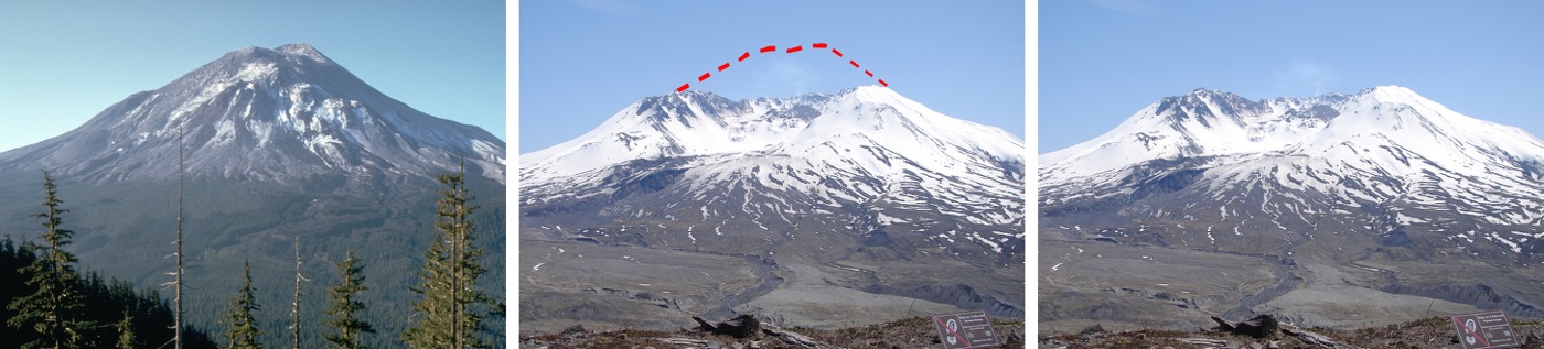 3 images of Mt. St. Helens showing before and after with lines to indicate where the top of the cone used to be.