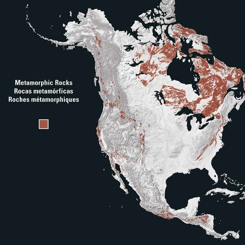 This map shows where the metamorphic rocks (shown in red) can be found within the continent of North America. Note that the majority of metamorphic rocks are situated in what is known as the Canadian Shield, in northeast Canada and around the Hudson Bay area. The Shield represents an area that is left over from the formation of North America -- a part of the geological core of the continent. Other narrower seams of metamorphic rocks are located along the eastern edge of the Appalachian Mountains, throughout the Rocky Mountains and the central Canadian Rockies and into Alaska, as well as along the coastal ranges in western Canada and the U.S. Smaller metamorphic core complexes can be found in the Sky Island ranges in Arizona and New Mexico.
