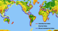 Mapa del mundo que muestra ubicaciones de diferentes tipos de mareas