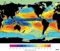 Mapa que muestra la diferencia entre evaporación promedio y precipitación diaria, mundo