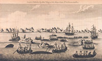 Vista de una pesquería de ballenas del viaje del capitán Cook