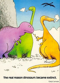 Dibujos animados de Gary Larson sobre la verdadera razón por la que los dinosaurios cuando se extinguen