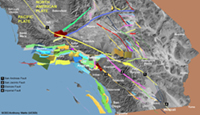 Mapa de fallas de ángulo bajo (empuje) y ángulo alto en el sur de California.