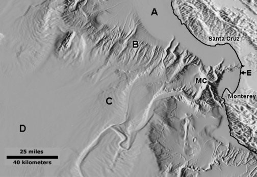 Map of bathymetry of Monterey Bay region