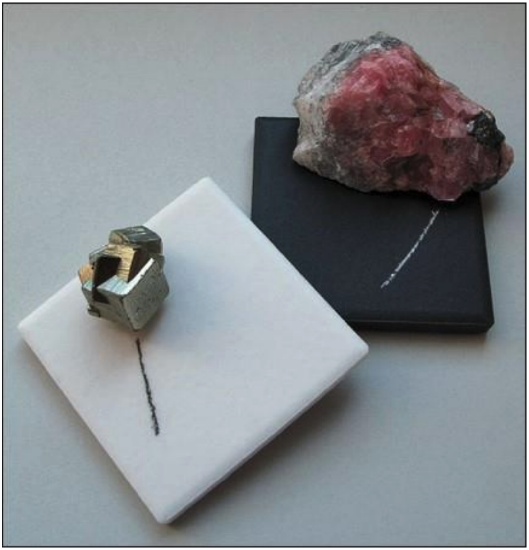 Figure 3.6, streak demonstration of pyrite and rhodochrosite.