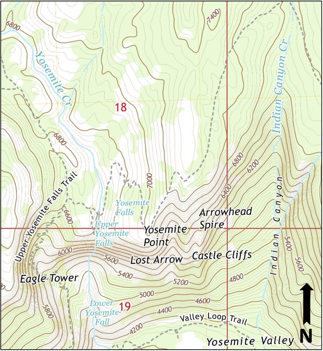 Figure 2.23, a topographic map of Yosemite Falls, California. North is to the top of the page.