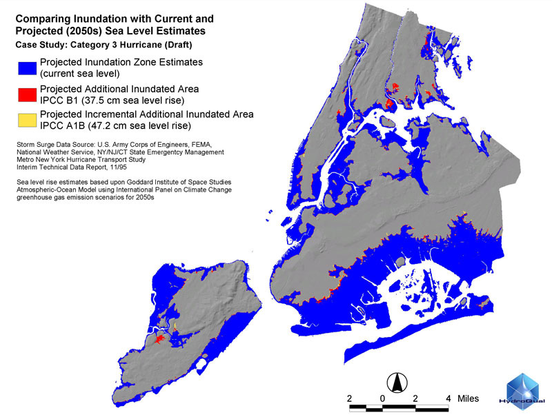 Comparing inundation with Current and Projected Sea Level Estimates color coded on a map