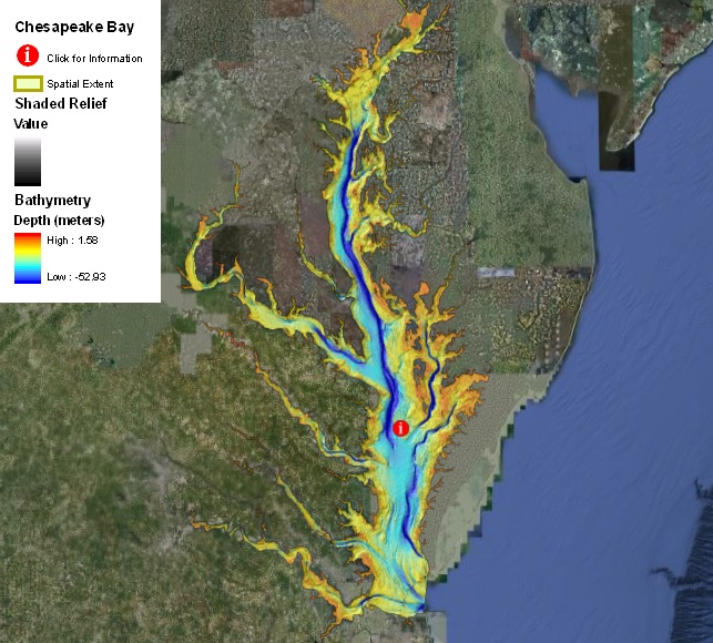  digital map of Chesapeake Bay estuary, colors show depth of water