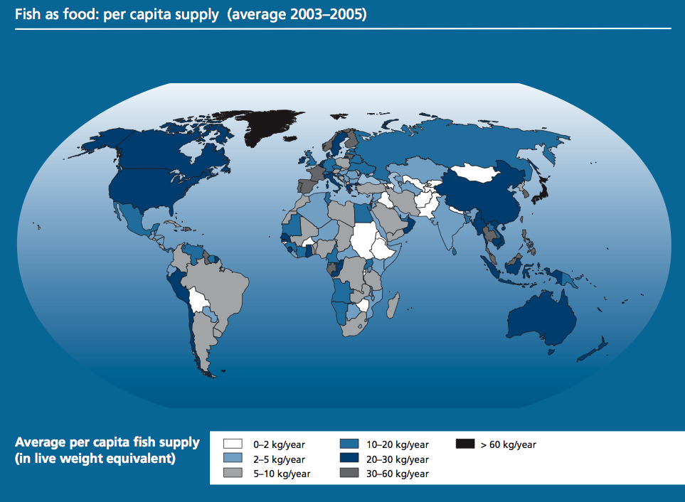 Map of Fish as food: per capita supply on average 2003 - 2005