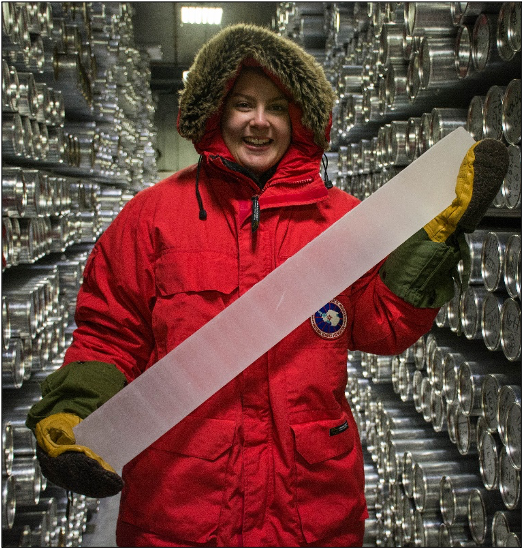 Professor Chloe Branciforte holds an ice core.