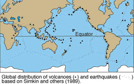 Distribution of volcanoes and earthquakes
