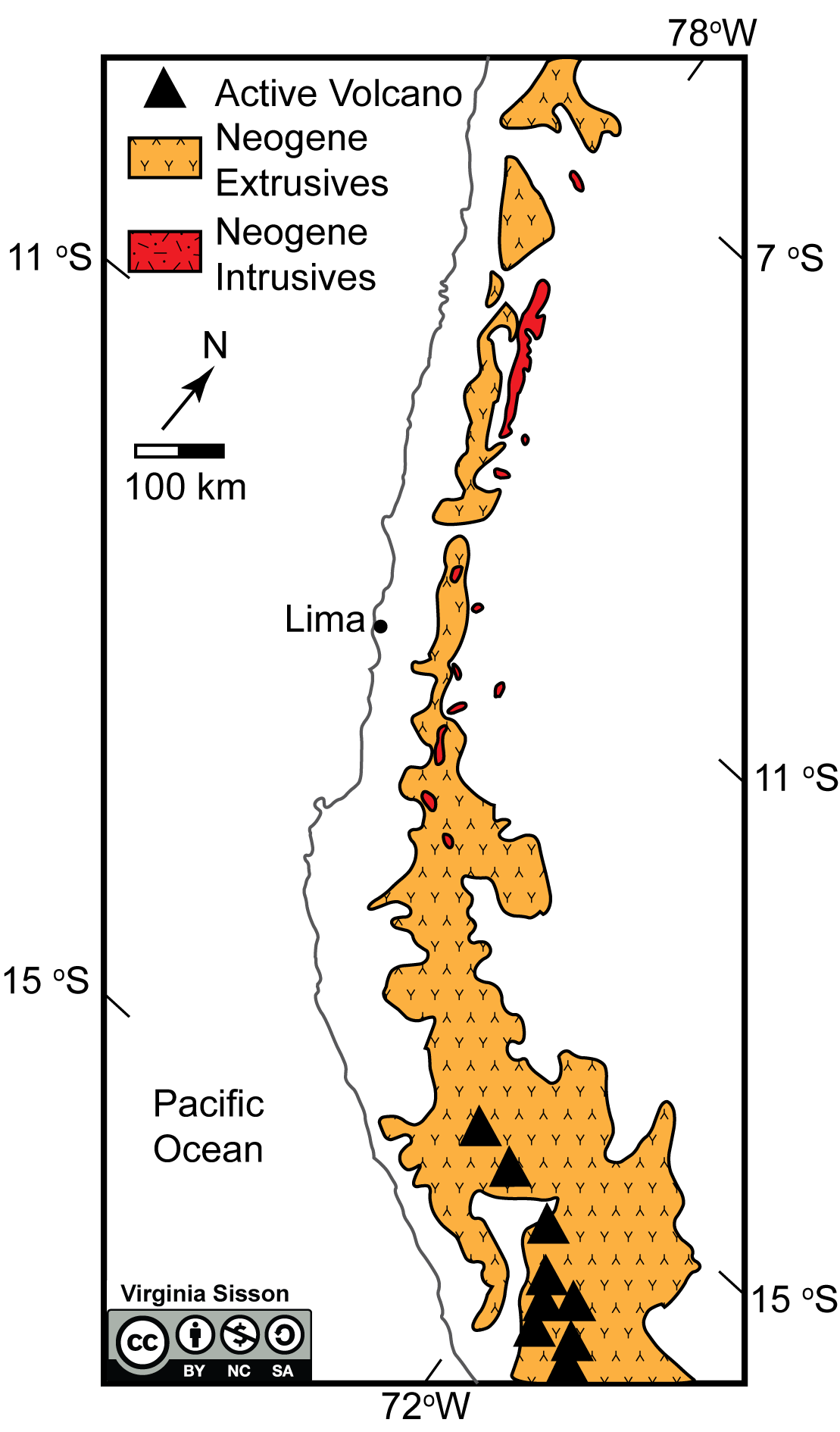 This map shows igneous rocks (extrusive in orange, intrusive in red) and volcanoes from a region in Peru.