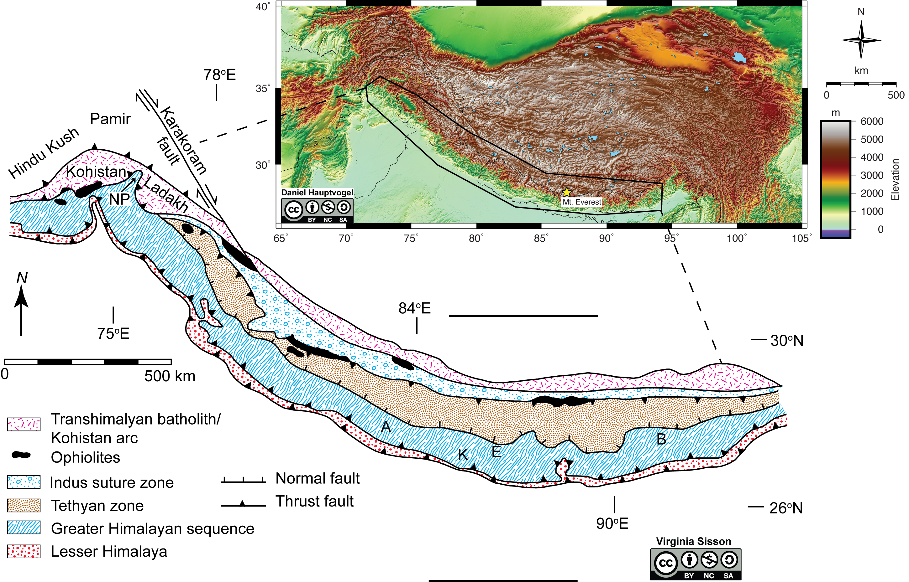 Geologic map of the Himalaya Mountain Range with a topographic insert.