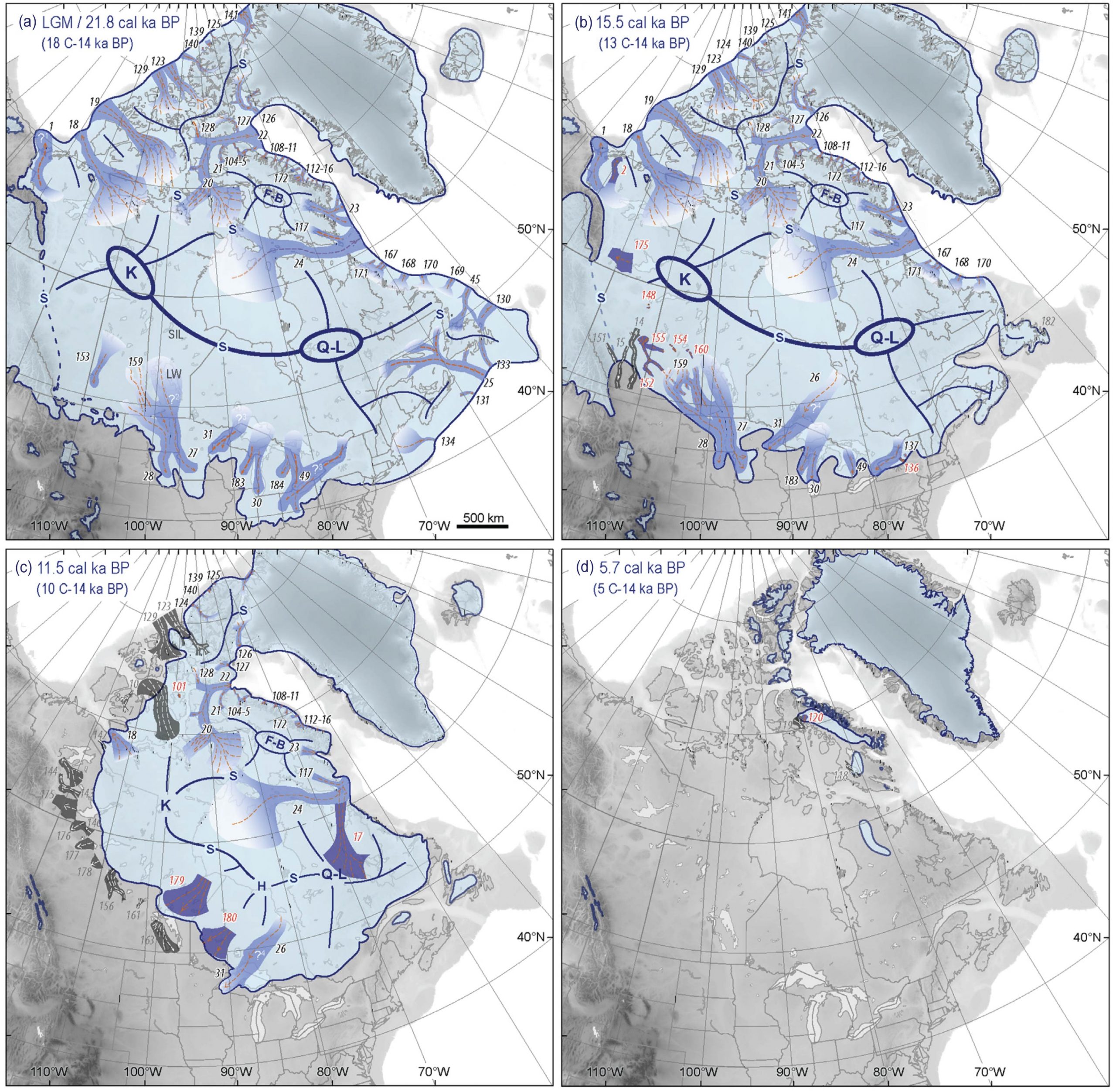 Over the past 22,000 years, the Laurentide Ice Sheet retreated from its maximum extent in the central U.S. to its current location on Greenland.