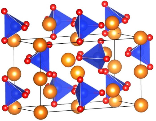 One unit cell of the mineral olivine. Silica tetrahedra represented in blue with oxygen atoms in red. Iron (Fe+2) and/or magnesium (Mg+2) ions are represented in gold. From: S Mahendran et al 2017 Modelling Simul. Mater. Sci. Eng. 25 054002 https://iopscience.iop.org/article/10.1088/1361-651X/aa6efa is licensed under Creative Commons Attribution 3.0