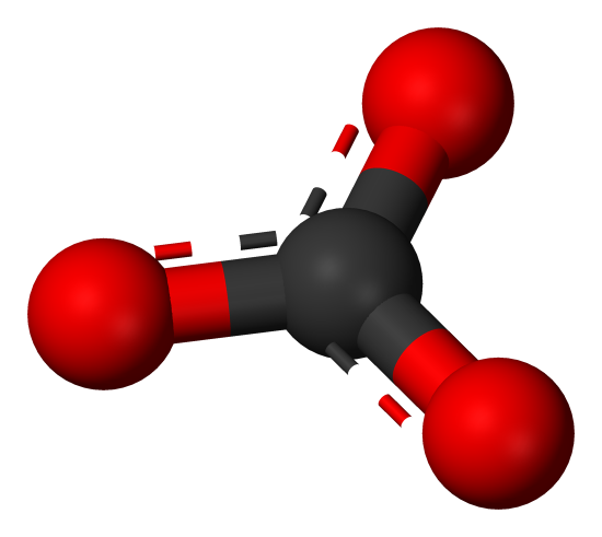 The complex carbonate ion (CO3)-2 where one carbon cation (brown, center) is surrounded by three oxygen anions (red) in a triangular pattern. This is the basic framework of &ldquo;The Big Ten&rdquo; mineral, calcite. Public domain by: Benjah-bmm27. Is licensed under CC0 1.0 From: https://commons.wikimedia.org/wiki/File:Carbonate-3D-balls.png