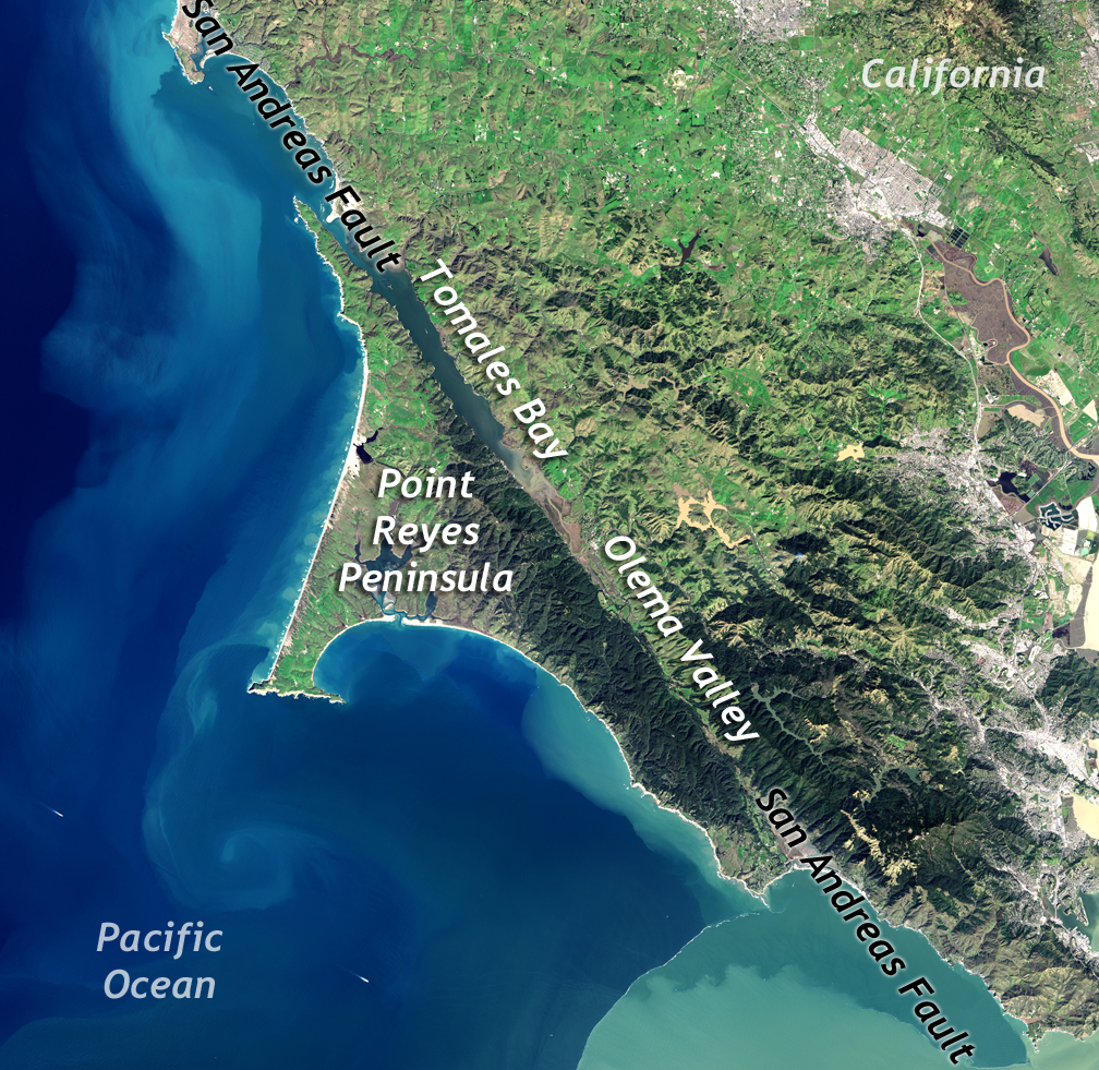 Satellite view of coastal California and the eastern Pacific Ocean, showing a linear bay and valley between the Point Reyes Peninsula and the rest of California.