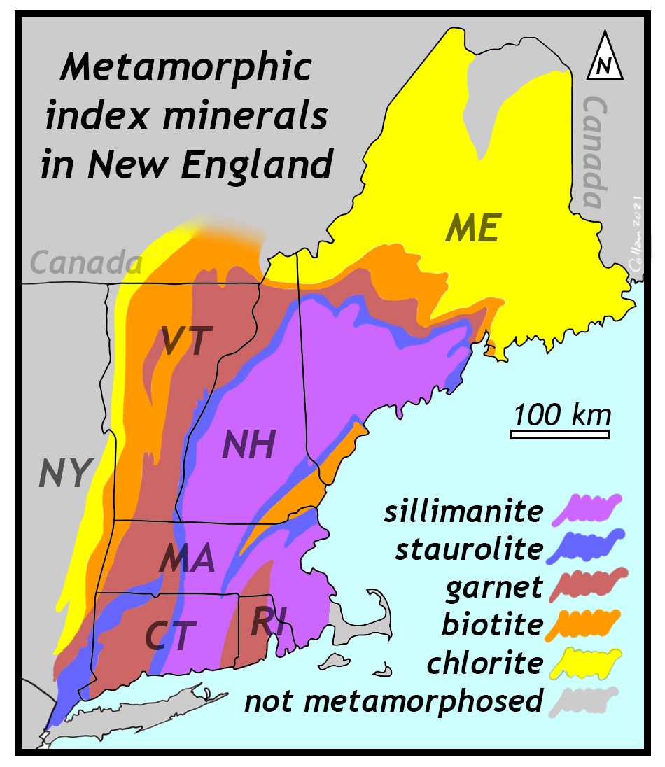 Map showing the distribution of metamorphic index minerals in New England. A belt of sillimanite grade rocks stretches from southern Connecticut norther through central Massachusetts, the bulk of New Hampshire, and southern Maine. This is surrounded by a zone of staurolite bearing rocks, and surrounding that is garnet, then biotite, and then chlorite.