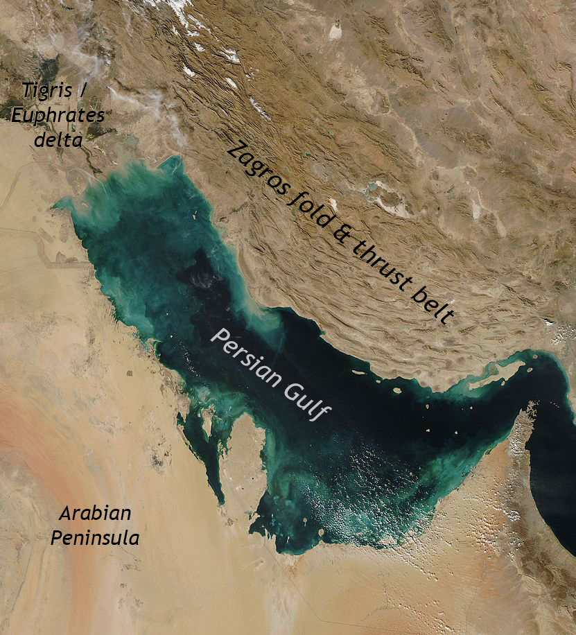 Satellite photograph of the Persian Gulf and Zagros Mountains. North is at the top of the image; a portion of the Arabian Peninsula is in the lower left. The Mesopotamian rivers Tigris and Euphrates flow in from the upper left (northwest) corner. Both the Persian Gulf and the Zagros Mountains trend northwest to southeast across the field of view.