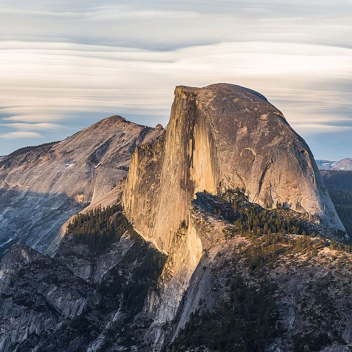 Photograph of Half Dome in Yosemite National Park, in the low-angle evening light.