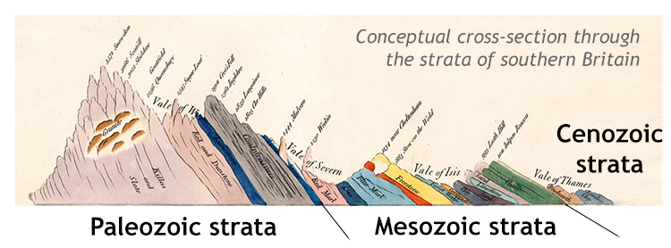 A historical cartoon cross-section through the strata of southern Britain, from western Wales on the left to the region around London on the right. 19 different rock layers are shown, of varying thickness, all tilted to the right (east).