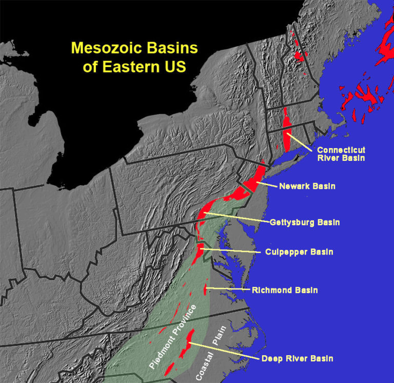 Mesozoic rift basins of eastern North America. These basins are filled with Triassic and Jurassic age sediment that sometimes contains evidence of dinosaur bodies (body fossils) or activities (trace fossils).