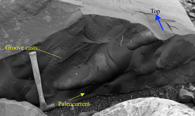 Flute casts at the base of a turbidite bed, Paleoproterozoic, Belcher Islands, Hudson Bay