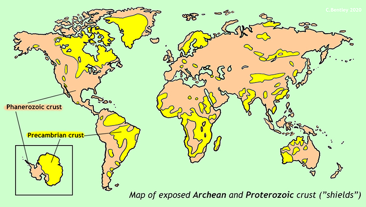 Map showing the distribution of Precambrian (Archean + Proterozoic) crust on Earth. Every continent has some patches of these ancient rocks, making up between ~20% (Asia) and ~70% (Antarctica) of the continent's exposed rocks.