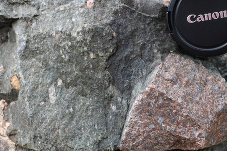 Photograph showing a large faceted pink granite clast in metadiamictite. A lens cap provides a sense of scale.