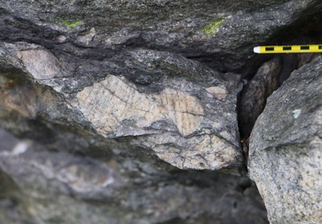 Photograph showing an outcrop of metadiamictite, where one big clast is breaking into sausage-link segments (brittle ductile deformation). Pencil for scale.