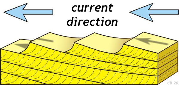 A block diagram showing the formation of ripples and cross-beds. As current flows from right to left across the image (arrows pointing left), a series of ripples form perpendicular to the current flow. The ripples are shallowly sloped to the right (up-current) and steeply sloped to the left (down-current). As sediment accumulates in the low-energy water immediately downstream of the ripples, it forms arcuate (concave-up) mini-layers (cross-beds). As these build out (prograde) over time, they make beds.