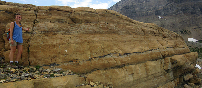 Photograph showing an outcrop including several stromatolitc horizons, cropping out in cross-section. A geologist stands by the outcrop as a sense of scale. The outcrop is about 5 m tall and 20 wide. It's a honey tan in color, except for some jet black horizons. There are mountain cliffs in the background.