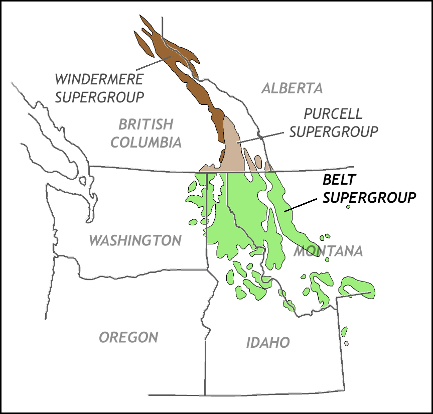 A map of southwestern Canada and northwestern contiguous United States, showing southern British Columbia and Alberta as well as Washington state, Oregon, Idaho, and Montana, plus the northwestern corner of Wyoming. The distribution of the Belt Supergroup is shown, mainly in western Montana mountain ranges, but also in northern Idaho and to a lesser extent in Washington and Wyoming. The same package of rock on the Canadian side of the border (mainly British Columbia but also the very southwestern-most corner of Alberta) are called the Purcell Supergroup. Further north in the Canadian Rockies along the border between Alberta and British Columbia are outcrops of the Windermere Supergroup.