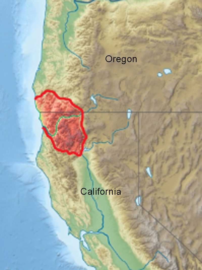 They are in the northwestern corner of California and the southwestern corner of Oregon.