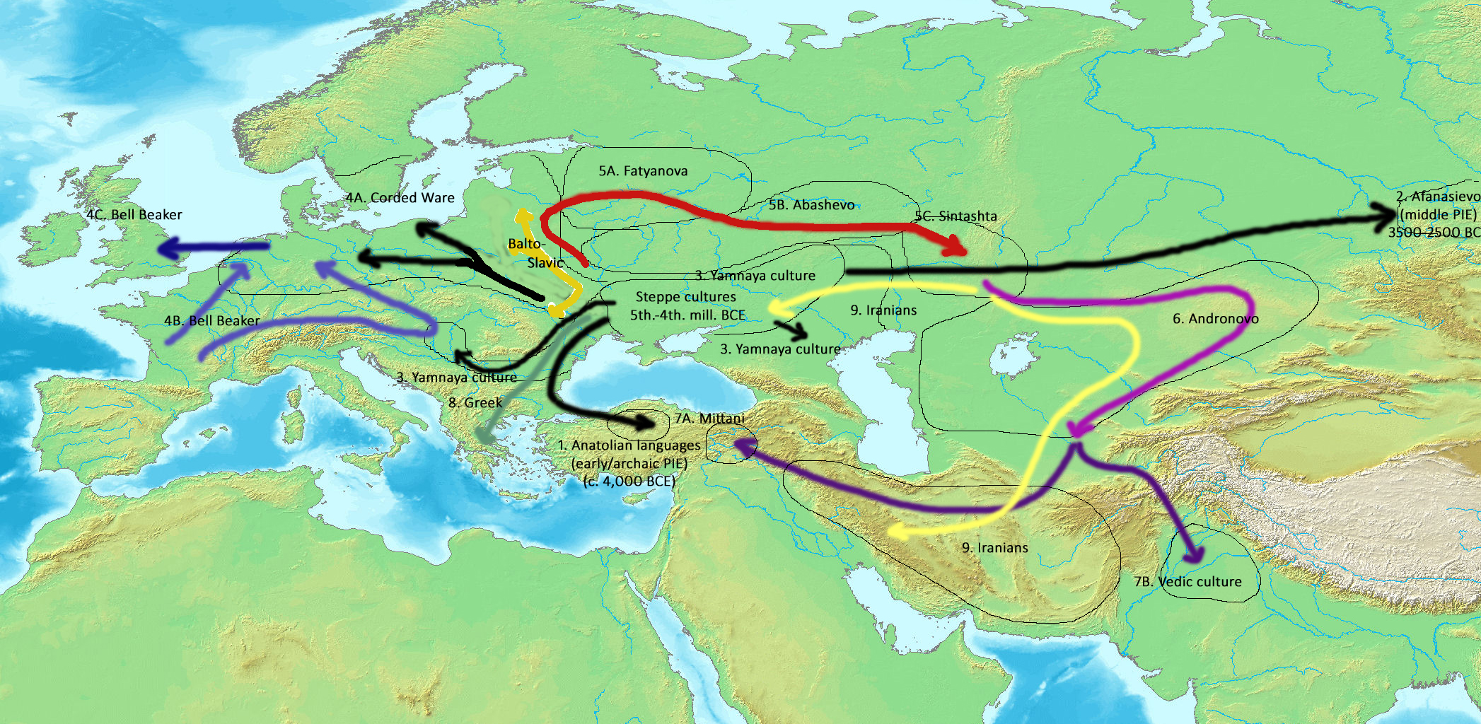 Scheme of Indo-European language dispersals from c. 4000 to 1000 BCE. (Image: Wikipedia, Joshua Jonathan, CC BY-SA 4.0)