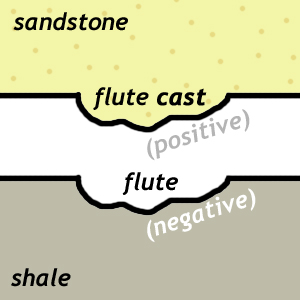 Cartoon cross-section showing how infilling of a flute cut into mud by sand results in a topographically "positive" (protruding) flute *cast*.