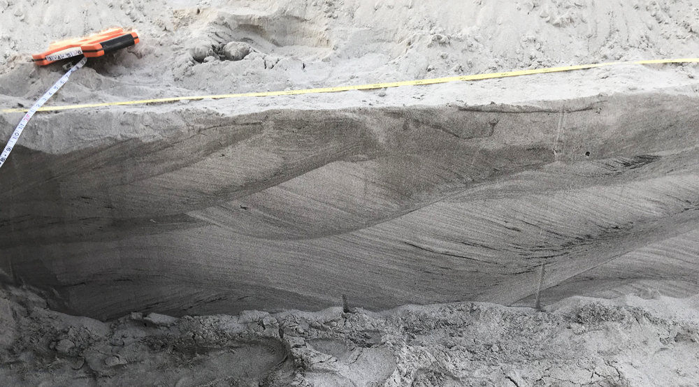 Photograph of a cross-section of modern sand deposits. The vertical trench wall shows three sets of climbing ripples, with the cross-bed sets climbing up and to the right.