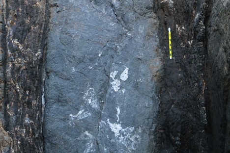 A photograph of an outcrop of rock about 1 m tall by 1.5 m wide. It shows vertical beds of black shale on the left, then a sudden transition to a coarse, light gray sandstone, which occupies a broad swath down the center of the photograph. The sandstone gers finer grained to the right, and transitions to black shale again in the right part of the outcrop. A pencil provides a sense of scale.